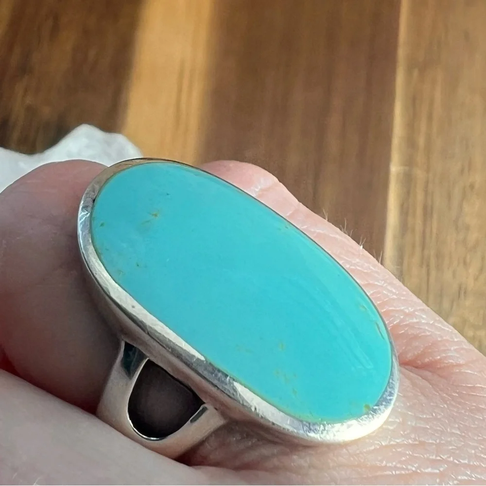 VINTAGE Turquoise Ring Size 7 Solid Sterling Silver 925 Chunky Ring - Picture 3 of 11